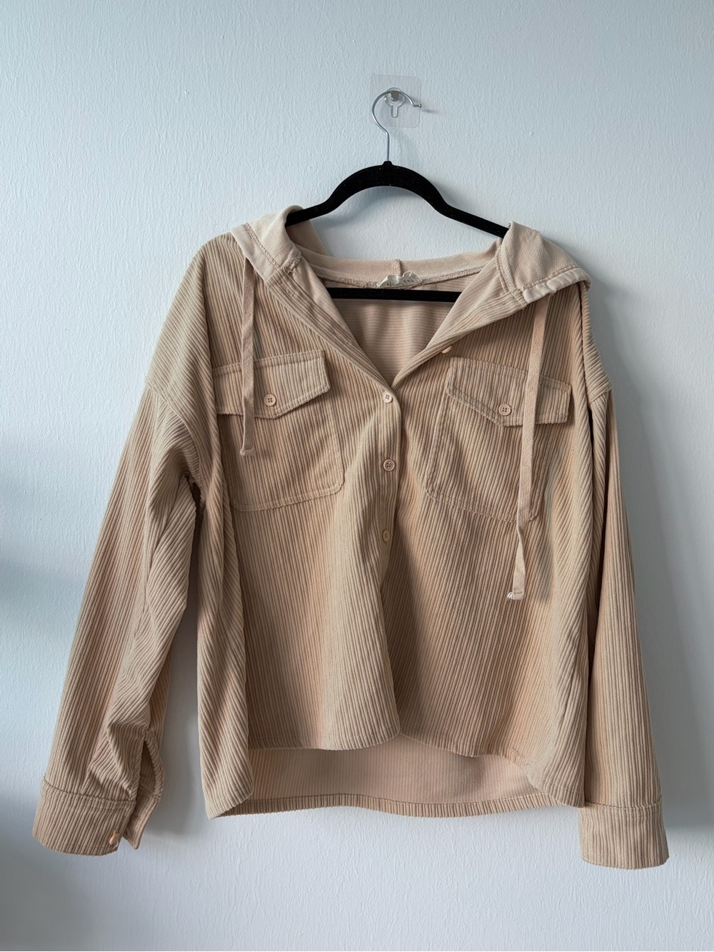 Beige Corduroy Hooded Shacket Button Up Fall Jacket